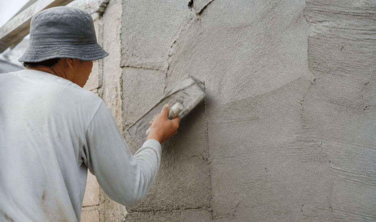 Ouvrier appliquant mortier gris sur mur vertical avec spatule