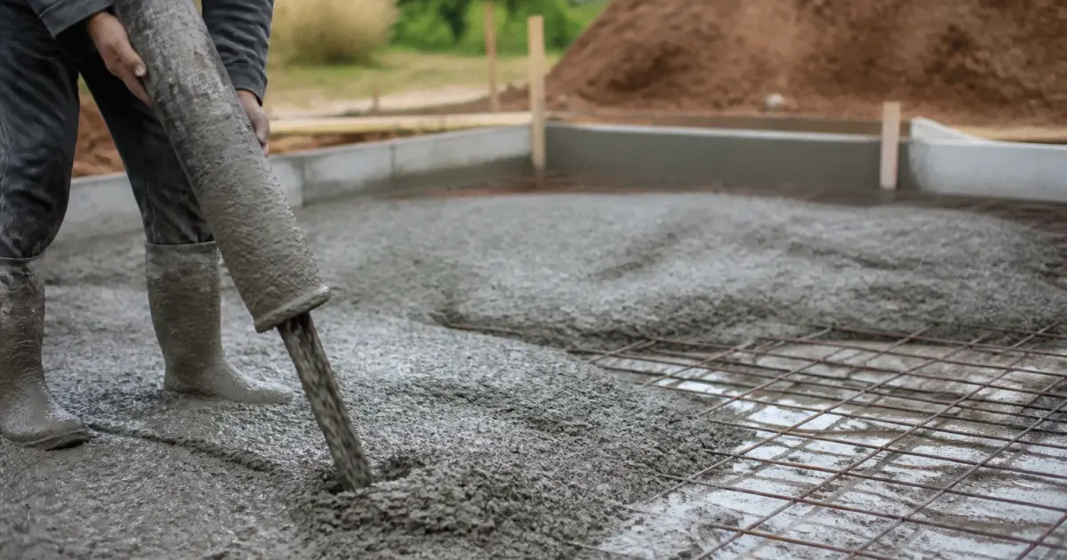 Ouvrier versant beton gris sur sol prepare pour fondation