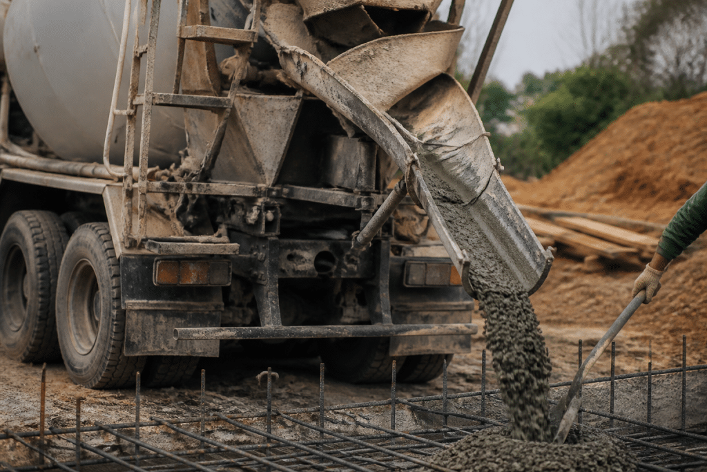 Camion toupie béton déversant matériau gris sur chantier