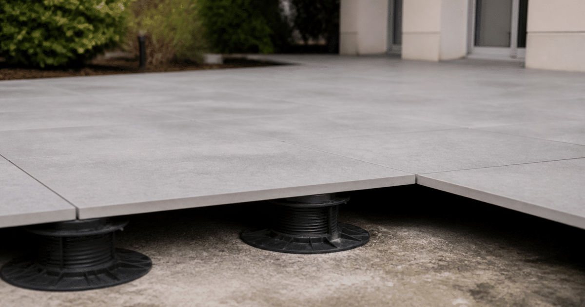 Carreaux de terrasse gris posés sur plots plastique surélevés