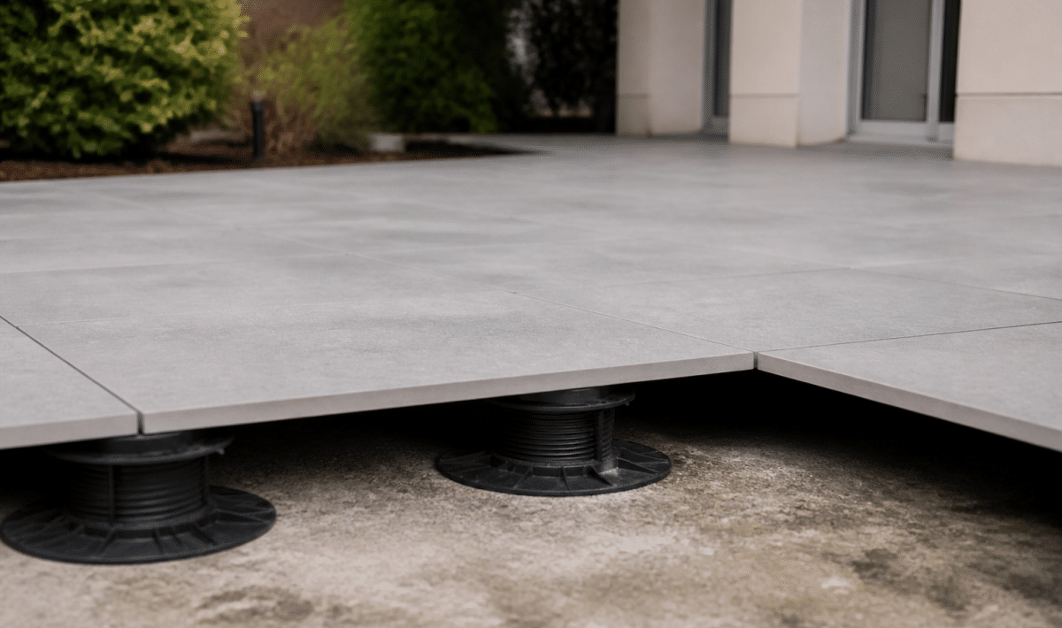 Carreaux de terrasse gris posés sur plots plastique surélevés