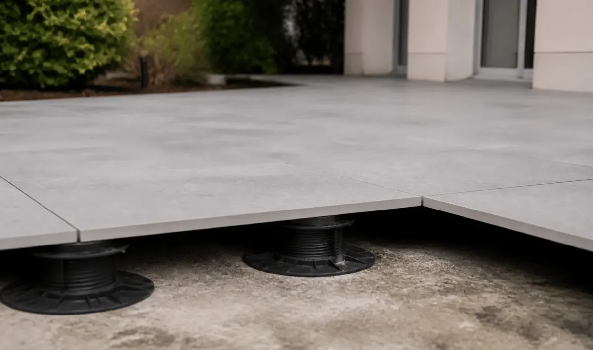 Carreaux de terrasse gris posés sur plots plastique surélevés