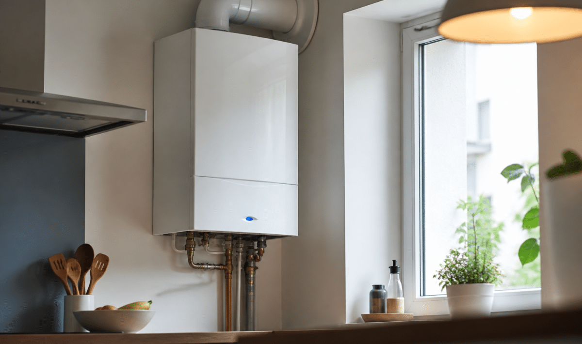 Chaudiere condensation murale installee dans cuisine moderne