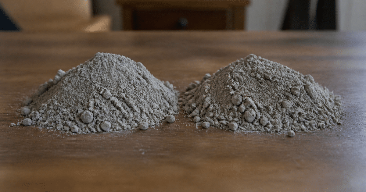 Deux tas de poudre grise alignes cote a cote