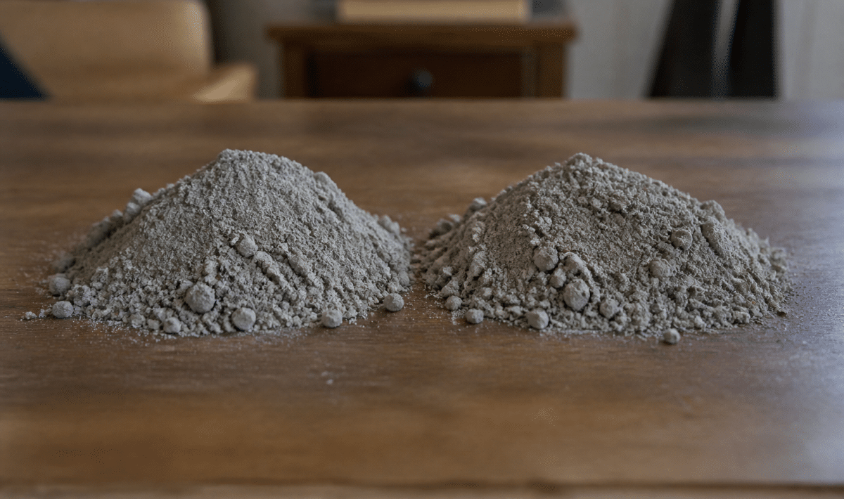 Deux tas de poudre grise alignes cote a cote