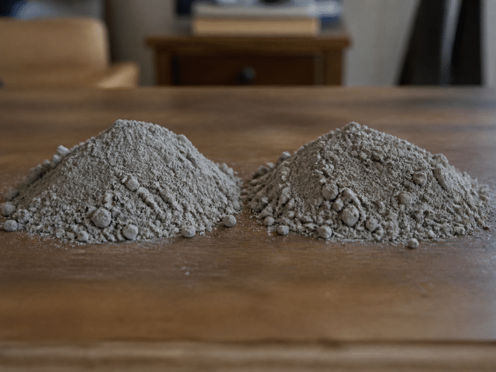 Deux tas de poudre grise alignes cote a cote