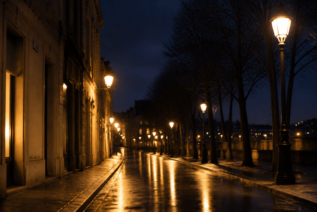 Rue bien eclairee avec lampadaires brillants en soiree