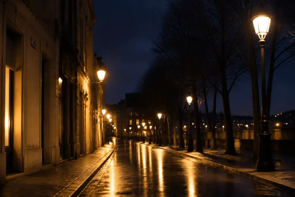 Rue bien eclairee avec lampadaires brillants en soiree