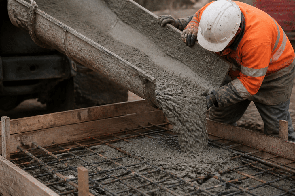 Ouvrier versant béton gris dans coffrage avec treillis métallique