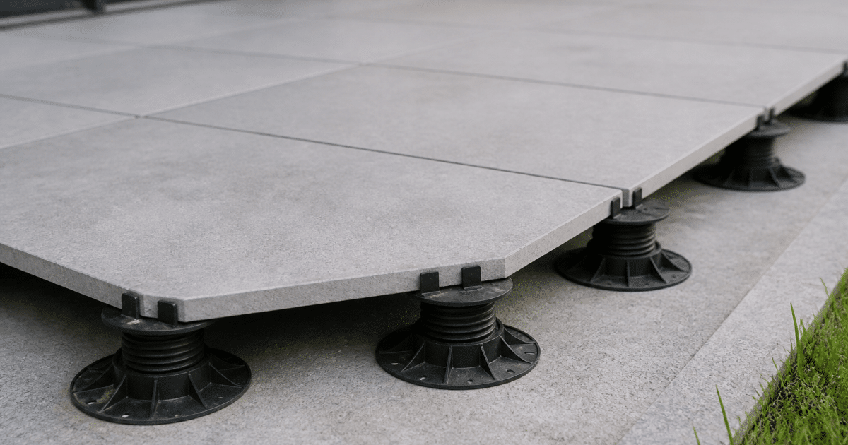 Carrelage gris posé sur plots de soutien réglables