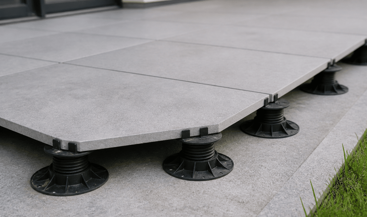 Carrelage gris posé sur plots de soutien réglables