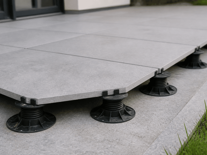 Carrelage gris posé sur plots de soutien réglables