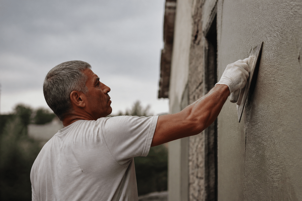 Ouvrier appliquant enduit facade sous ciel nuageux