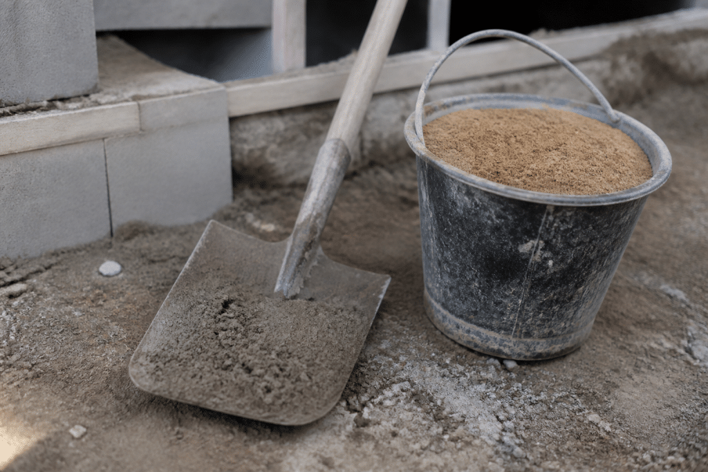 Pelle de maçon remplie et seau de sable sur chantier