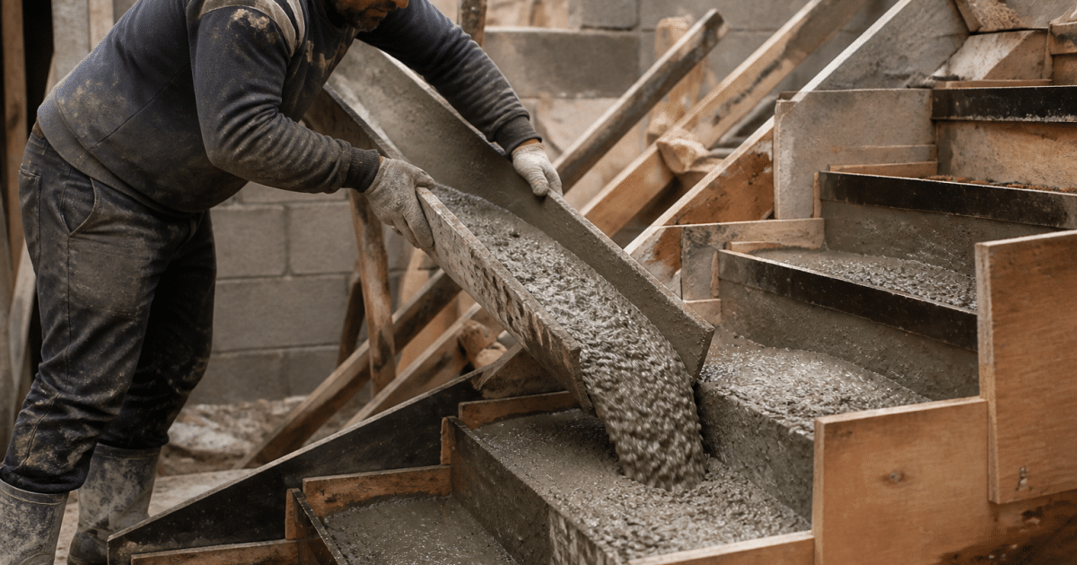 Ouvrier coulant beton gris dans moule escalier construction