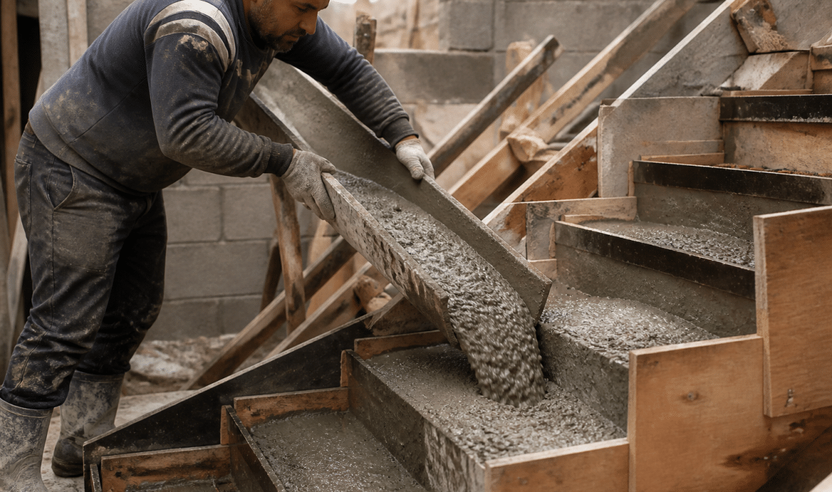 Ouvrier coulant beton gris dans moule escalier construction
