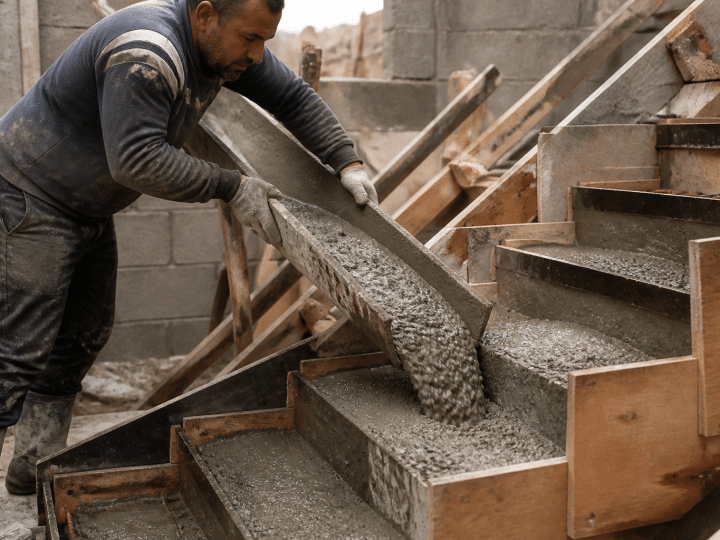 Ouvrier coulant beton gris dans moule escalier construction