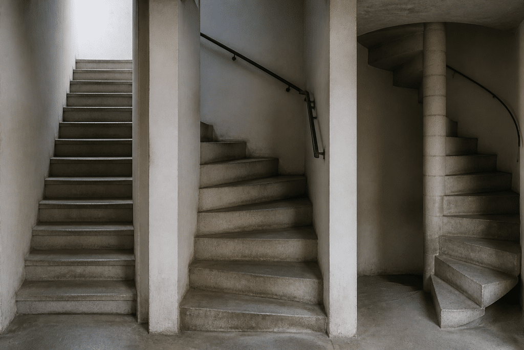 Trois escaliers en béton montrant configurations droit tournant hélicoïdal