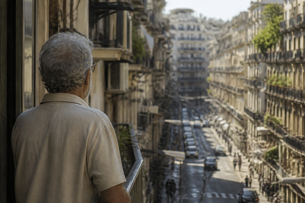 Personne observant rue animée avec immeubles résidentiels jour