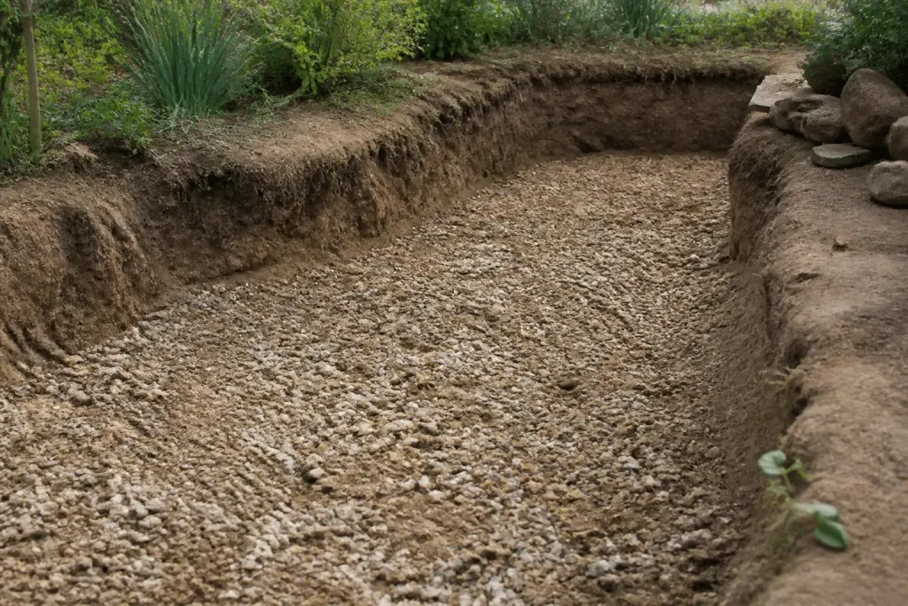 Excavation de terre brune avec graviers étalés uniformément