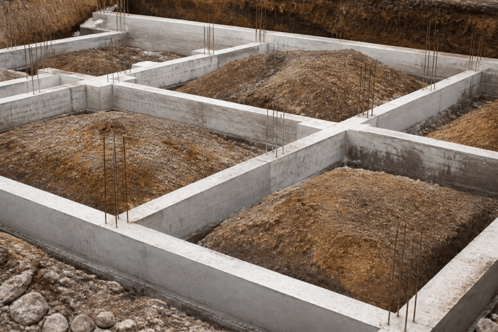 Fondations beton avec semelles filantes et longrines visibles