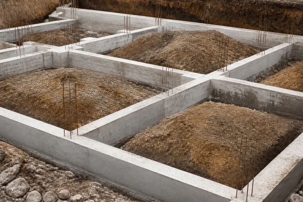 Fondations beton avec semelles filantes et longrines visibles
