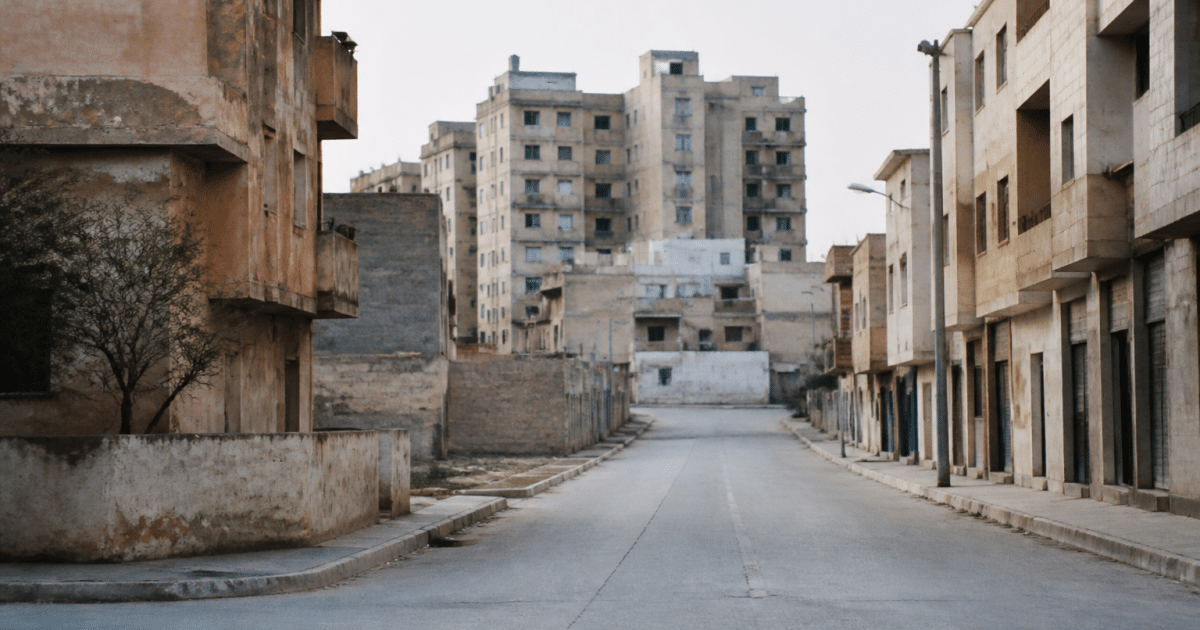Rues urbaines desertes avec immeubles delabres en arriere-plan