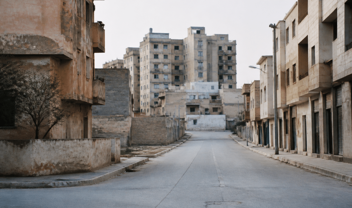 Rues urbaines desertes avec immeubles delabres en arriere-plan