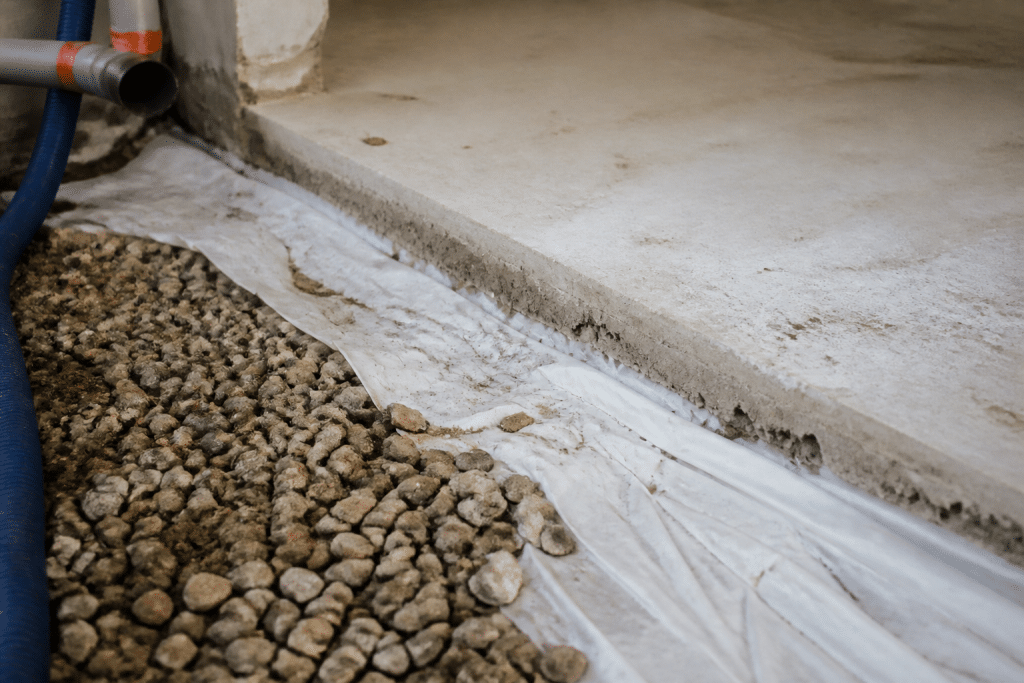Couche de gravier sous dalle béton avec film polyane blanc