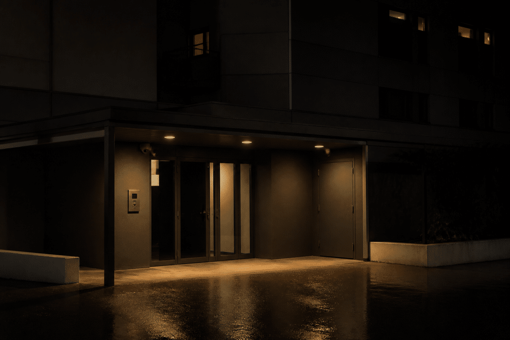 Immeuble urbain sombre avec entrees surveillees le soir