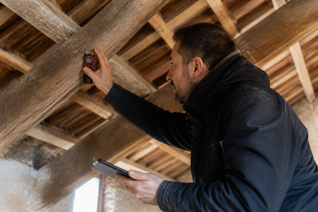 Inspecteur verifiant solidite charpente bois avec instruments mesure