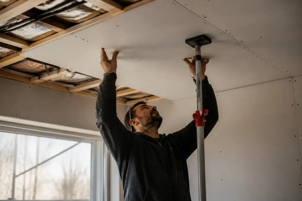 Ouvrier fixant plaque placo au plafond avec etai telescopique
