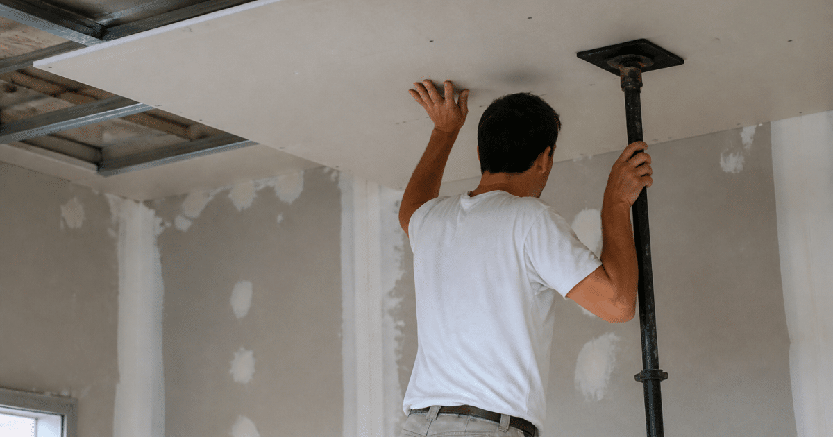 Ouvrier tenant plaque placo verticalement contre plafond avec support