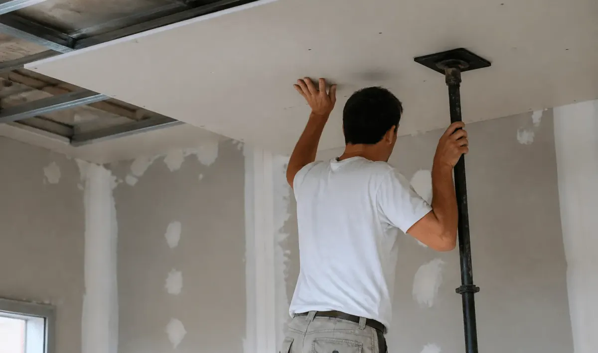 Ouvrier tenant plaque placo verticalement contre plafond avec support