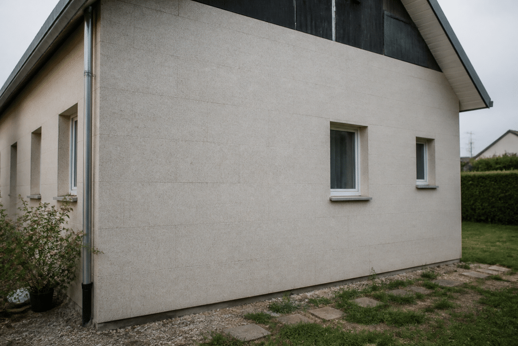 Mur de facade avec isolation appliquee sans echafaudage visible