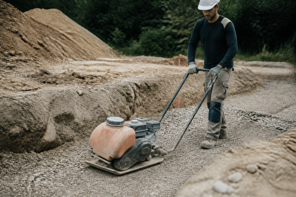 Ouvrier compactant couche grave sur terrain excavé