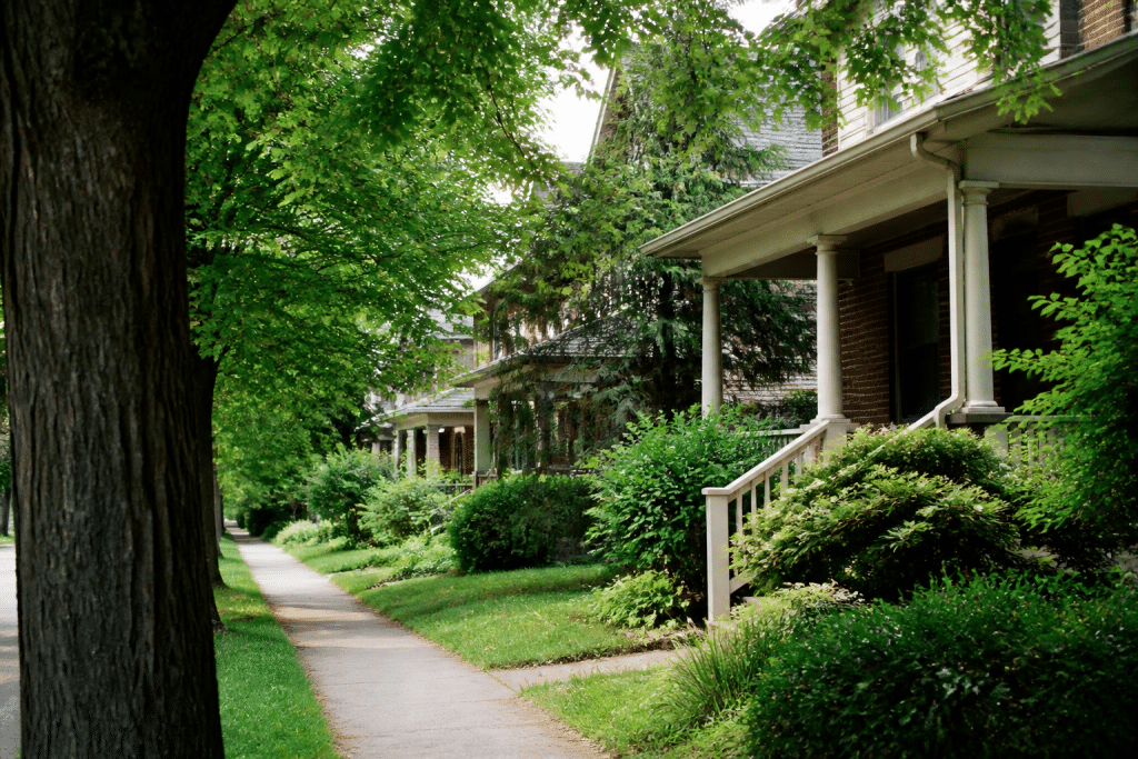 Maisons residentielles paisibles entourees d'arbres verts