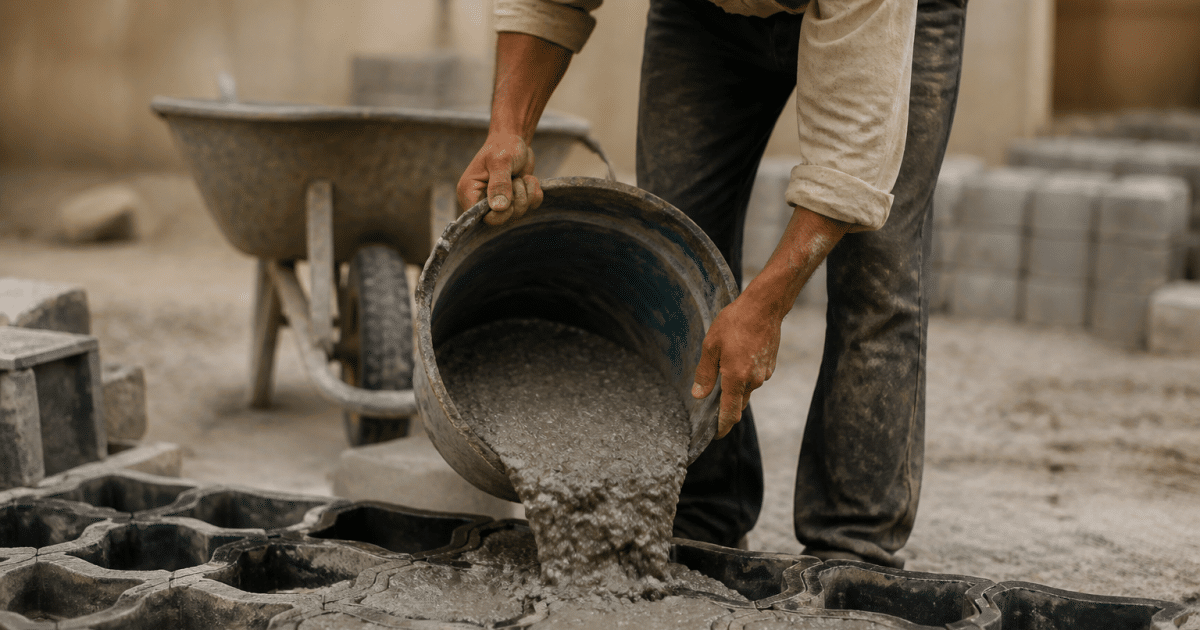 Ouvrier versant mélange gris dans moule pavé