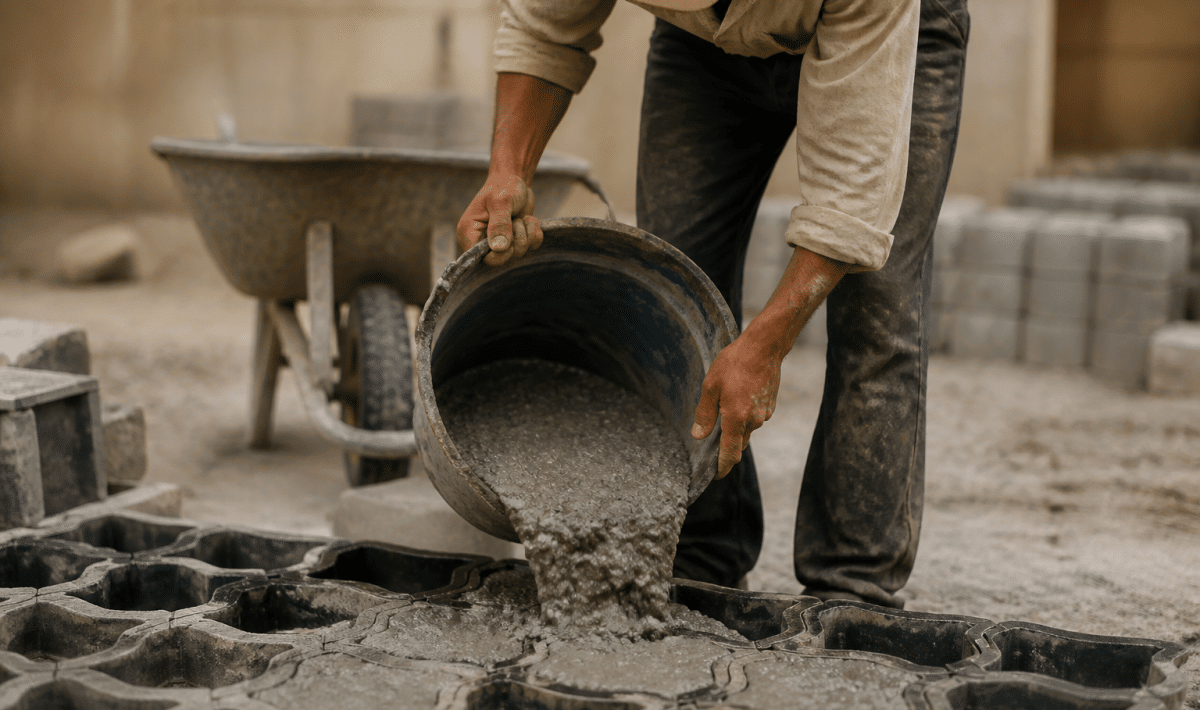 Ouvrier versant mélange gris dans moule pavé