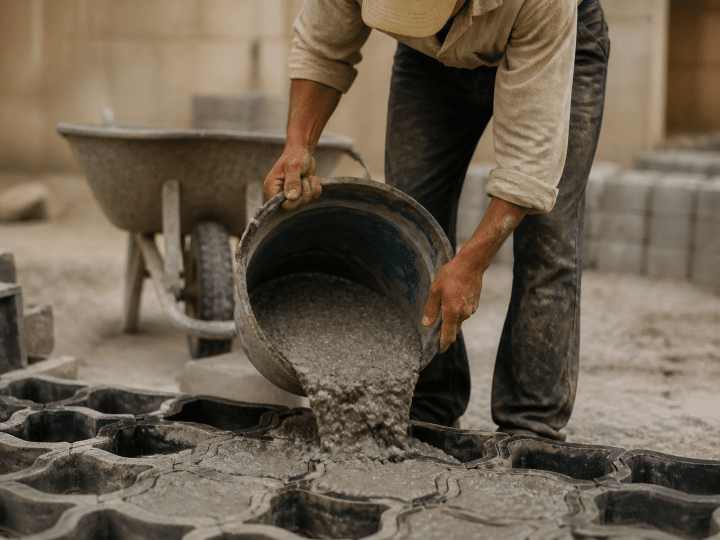 Ouvrier versant mélange gris dans moule pavé