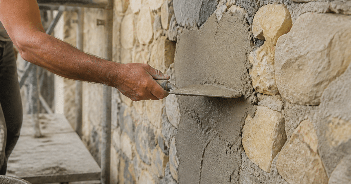 Mortier chaux ciment applique sur pierre avec truelle horizontale