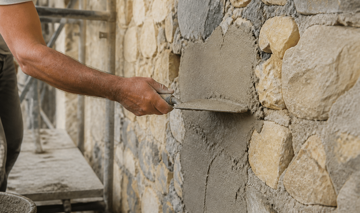 Mortier chaux ciment applique sur pierre avec truelle horizontale