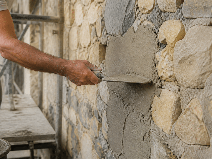 Mortier chaux ciment applique sur pierre avec truelle horizontale