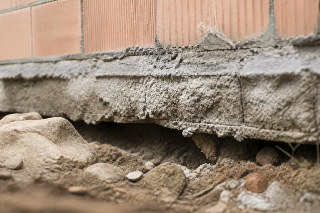 Couche de mortier inégale sur fondation de construction mal compactée