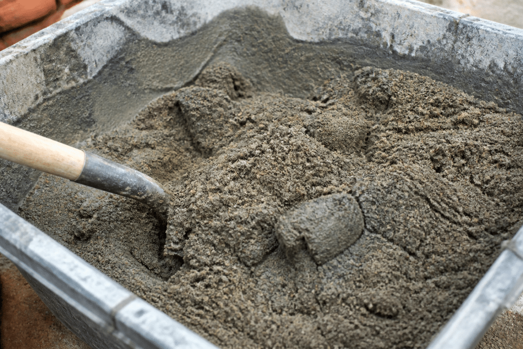 Sable et ciment mélangés dans un bac de construction gris