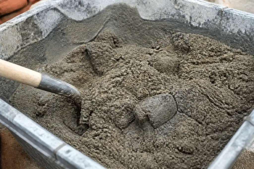 Sable et ciment mélangés dans un bac de construction gris
