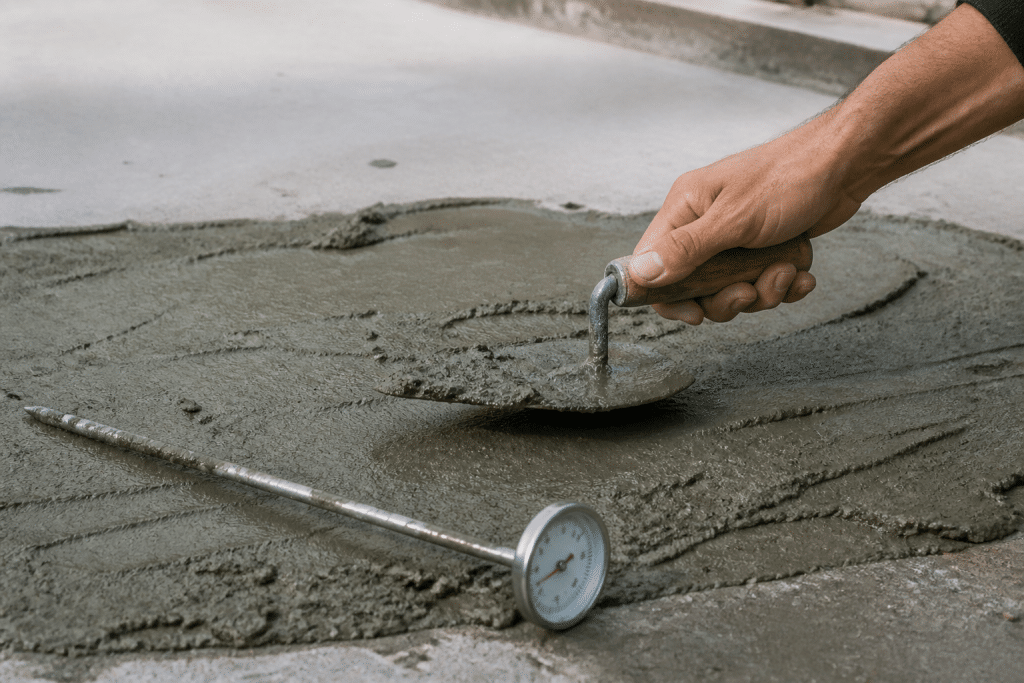 Mortier applique sur surface beton avec thermometre visible