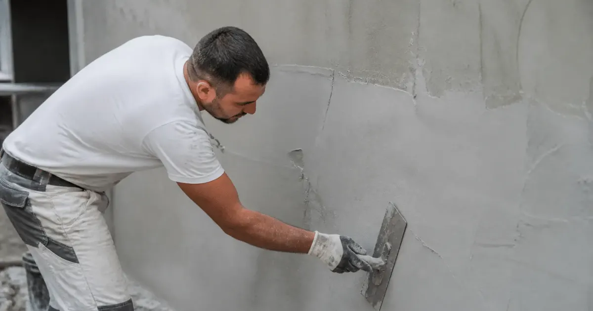 Ouvrier appliquant enduit lissant sur surface beton avec spatule large