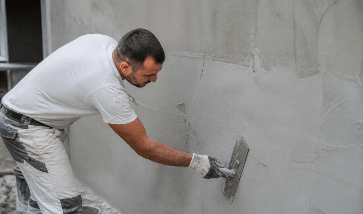 Ouvrier appliquant enduit lissant sur surface beton avec spatule large