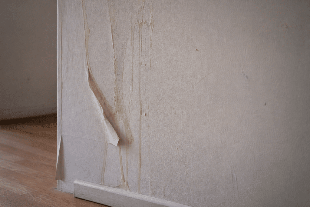 Mur blanc avec papier peint mal collé et traces de colle visibles